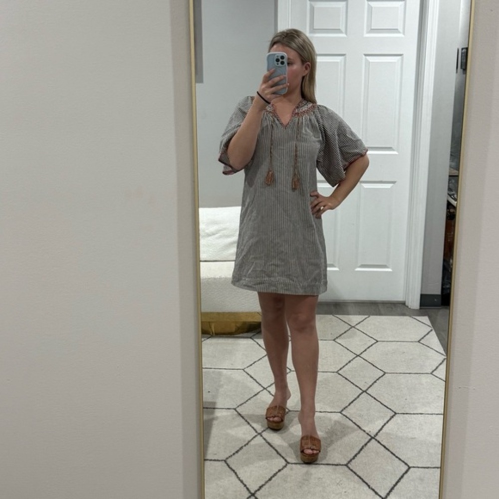 The Great. Dress Mini Flutter Sleeve Embroidered in Striped Grey White